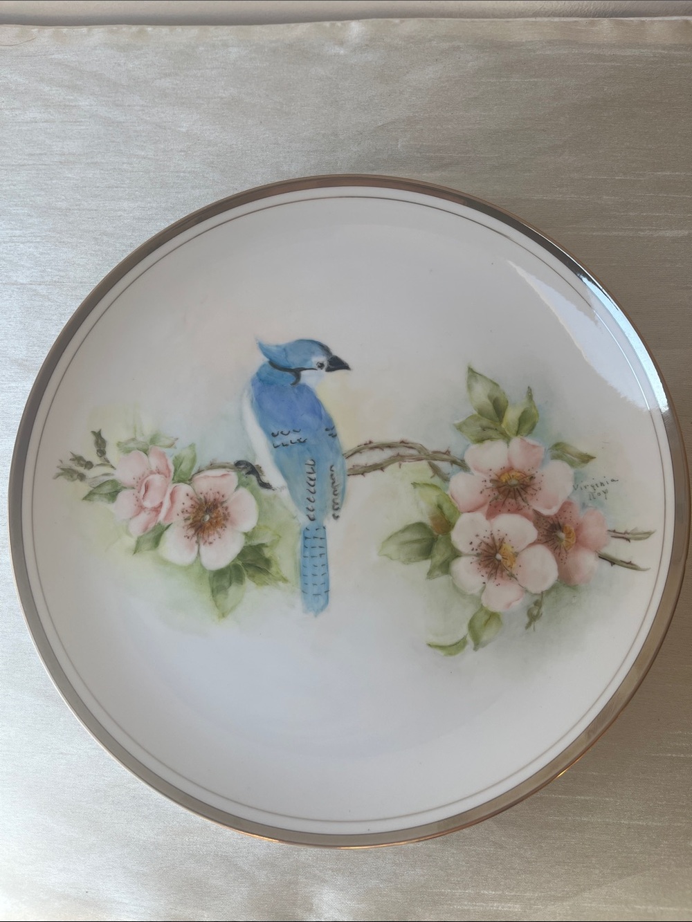 Vintage Hand Painted Blue Jay Porcelain Plate Royalton China Japan Mid Century